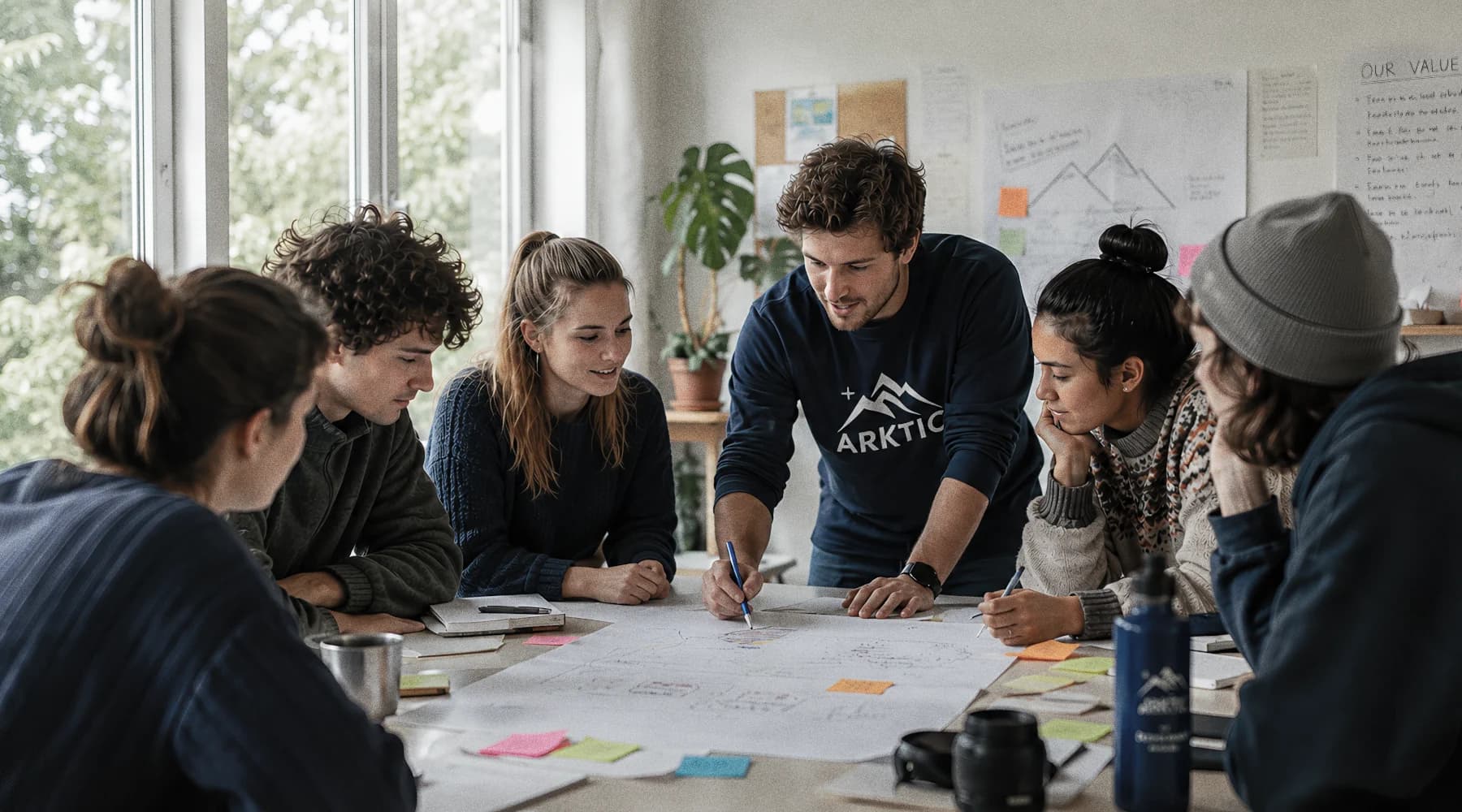 A group of young people collaborating around a table during a workshop.
