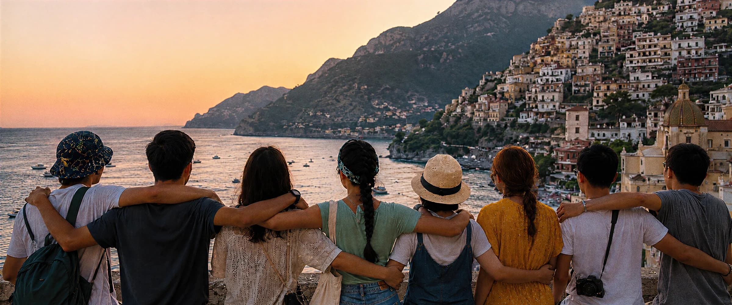 A group of young people standing arm in arm and looking across a coastal town at sunset.
